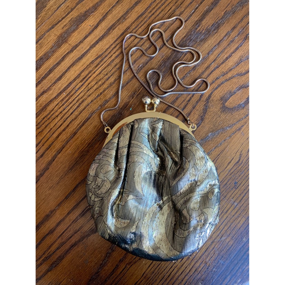 Vintage‎ Gold Metallic Brocade Kiss Lock Evening Crossbody Bag Gold Tone Chain